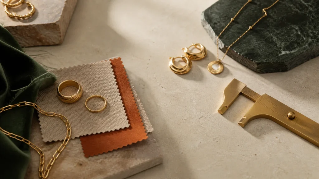 Editorial still life illustrating what a jewelry product description should tell you