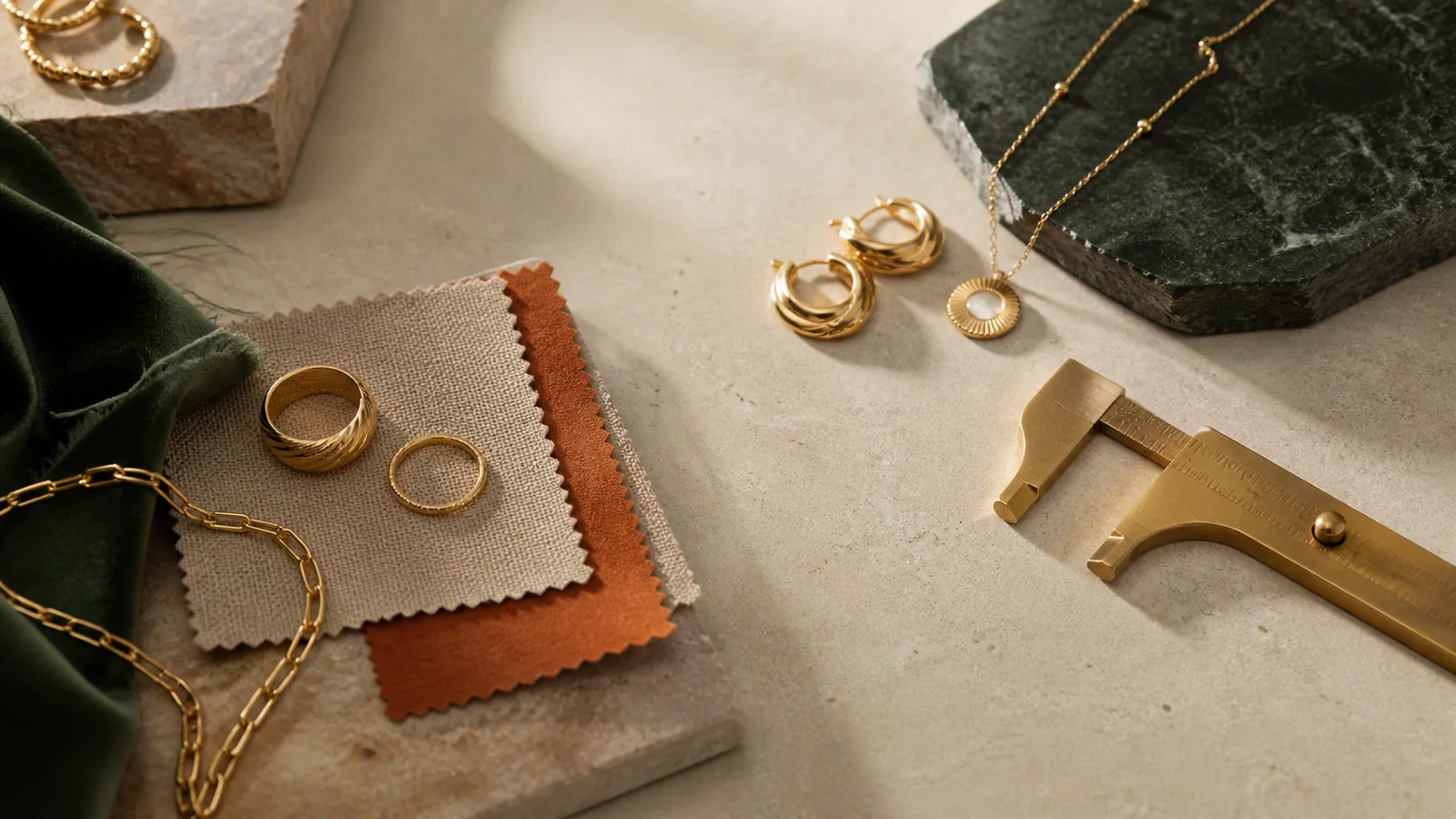 Editorial still life illustrating what a jewelry product description should tell you