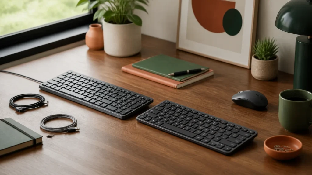 Editorial still life illustrating wired vs wireless keyboards: desk space, power and feel