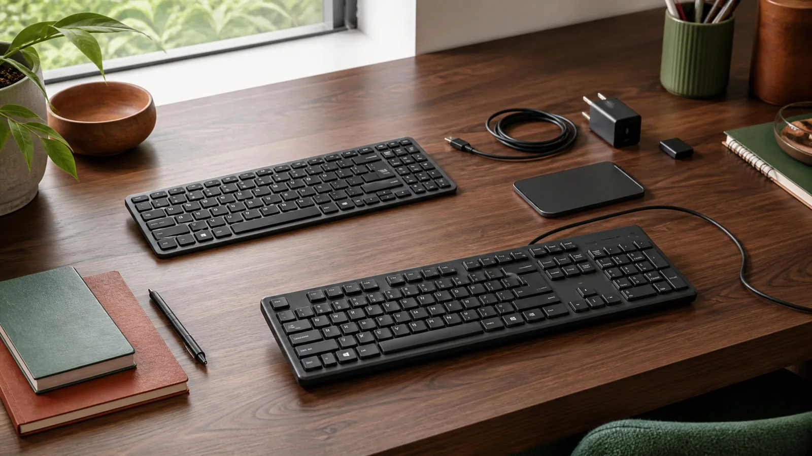 Selection details related to wired vs wireless keyboards: desk space, power and feel