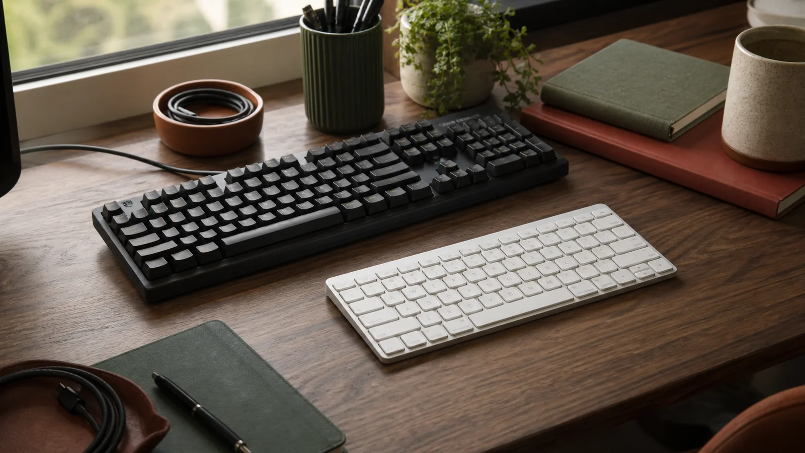 Care and ownership context for wired vs wireless keyboards: desk space, power and feel