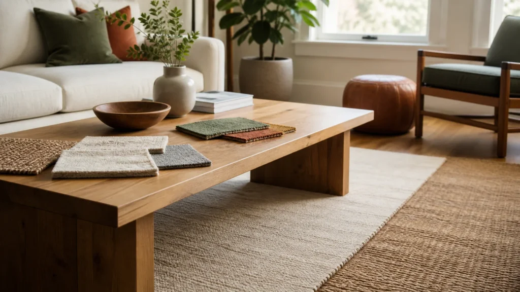 Editorial still life illustrating wool vs synthetic rugs: feel, upkeep and room fit