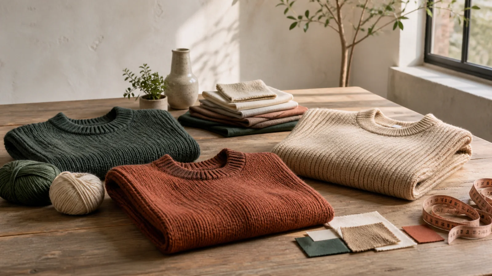Editorial still life illustrating wool vs synthetic sweaters: warmth, feel and upkeep