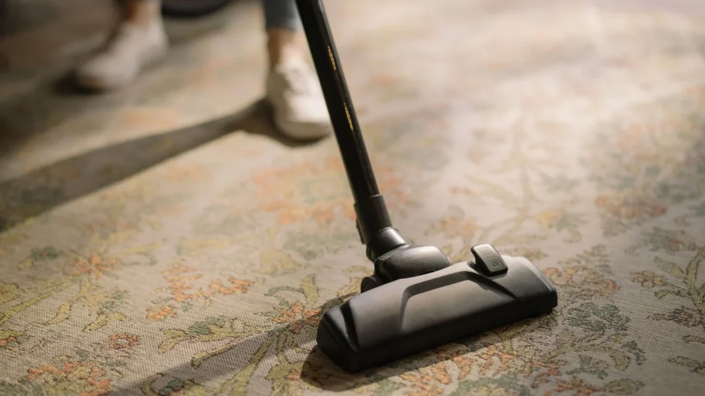 Vacuum floor head resting on a patterned rug.